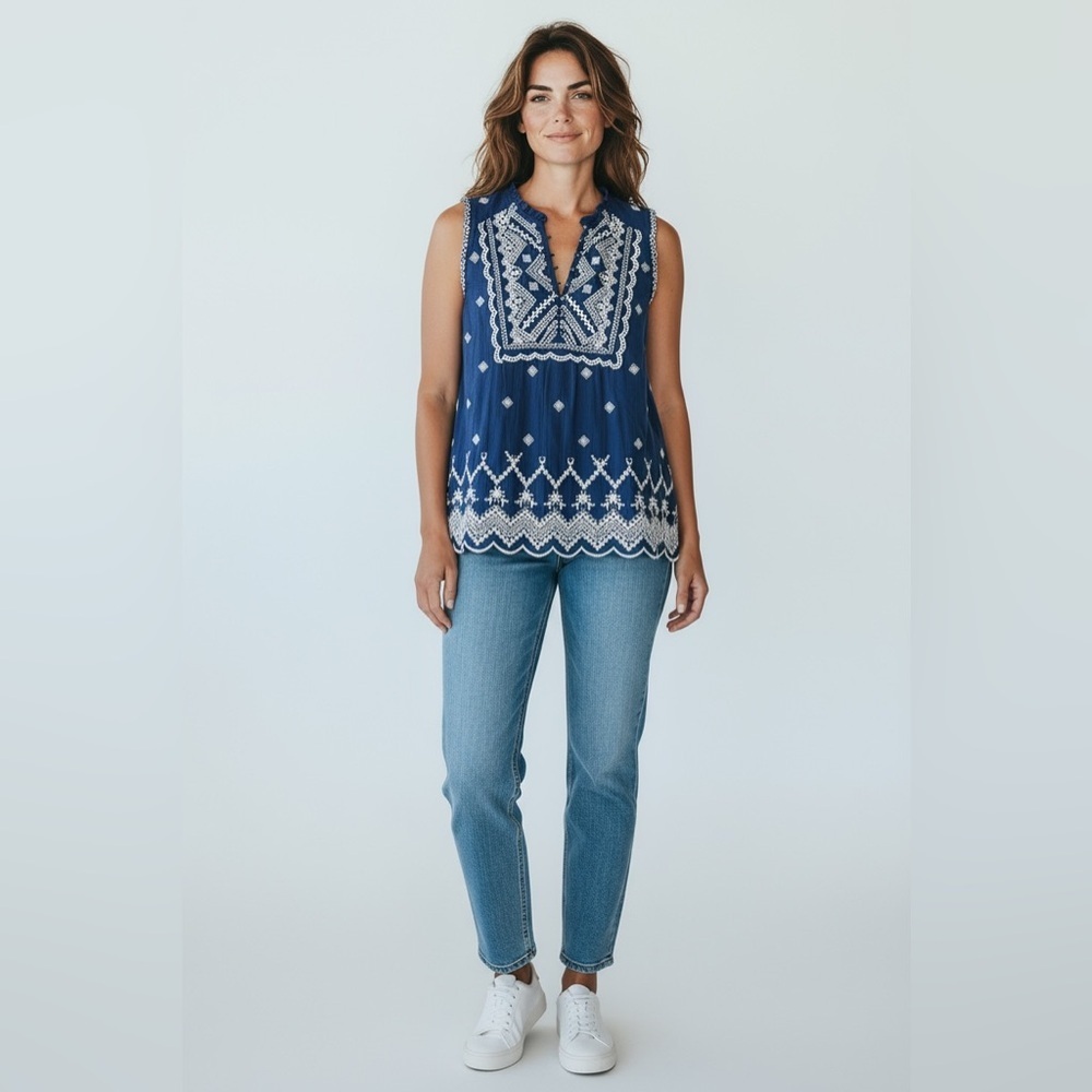 Sundance Navy Blue Boho Chic Cotton Embroidered Top Size Medium M - Picture 6 of 9